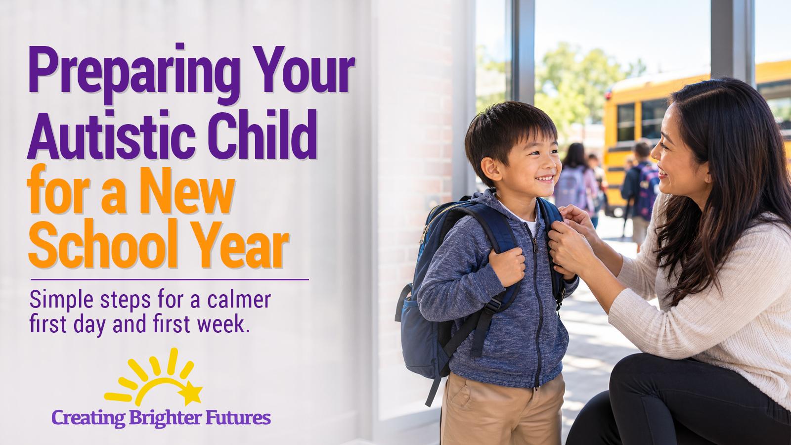 A smiling mother kneels to adjust her young son's backpack straps at a school entrance, with a yellow school bus behind them, as he gets ready for the first day.